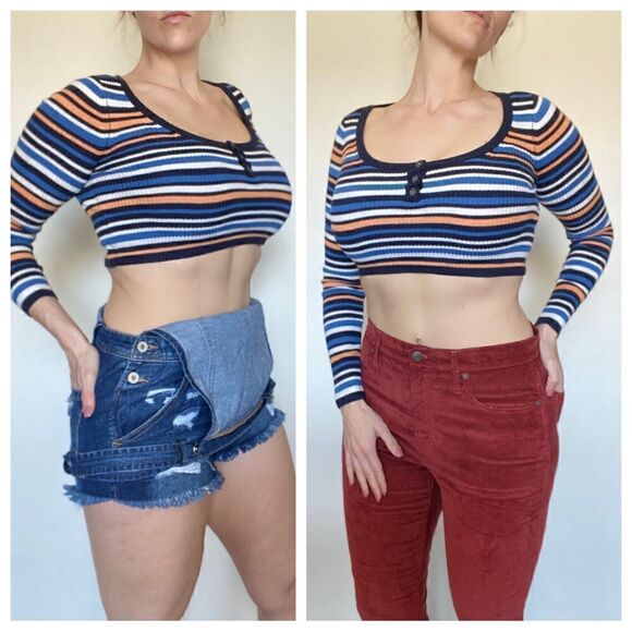 American Eagle Outfitters Tops - American Eagle Crop Top NEW Stripe Ribbed Stretch XS Baby Tee 90s